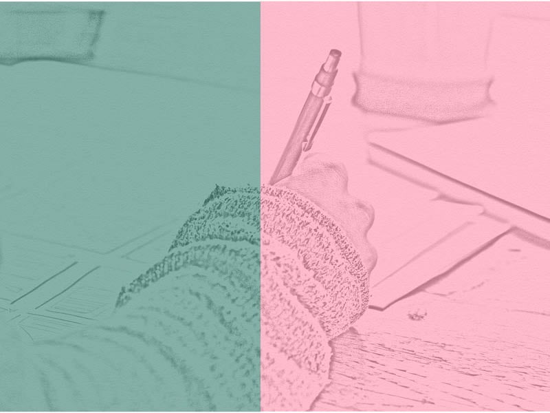 Split screen teal/pink sketch of person writing on paper with pencil