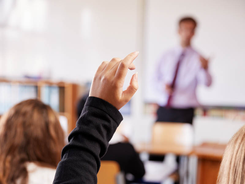 Classroom speaker and pupil with raised hand